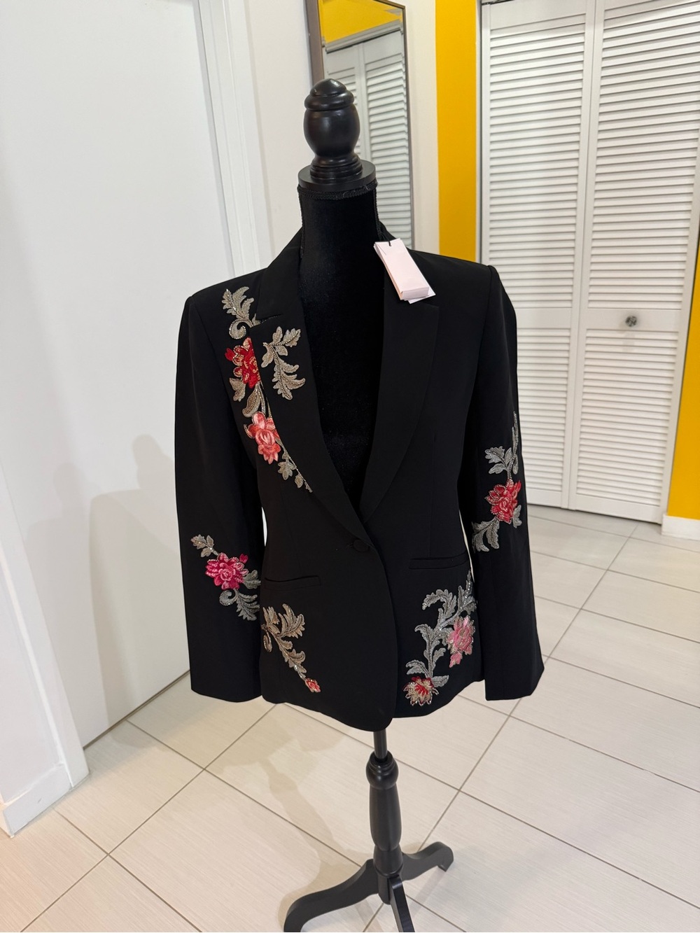 cinq a sept Black Blazer with Multicolor Floral Embroidery